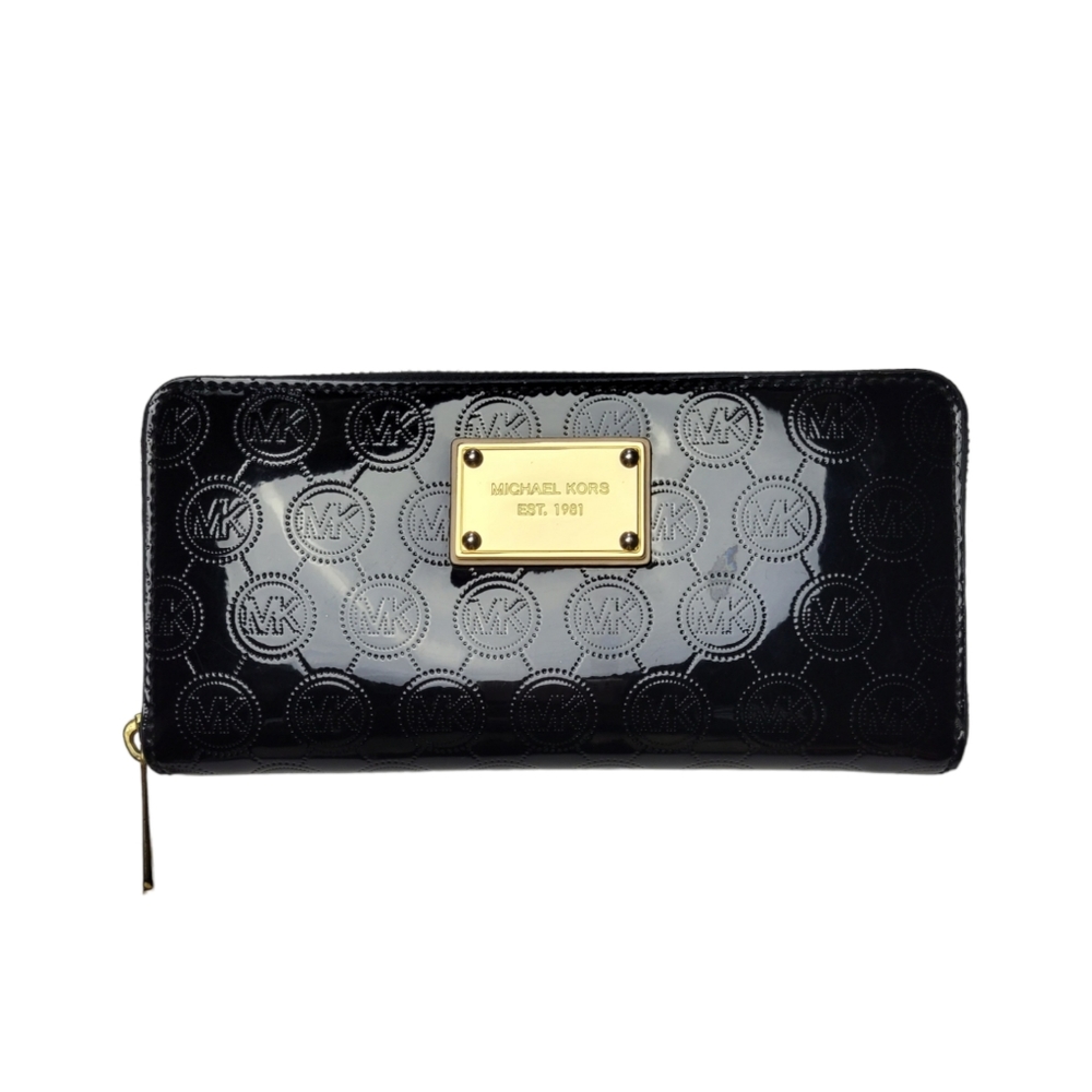 MICHAEL KORS Patent Leather, Black Zip Round Wallet